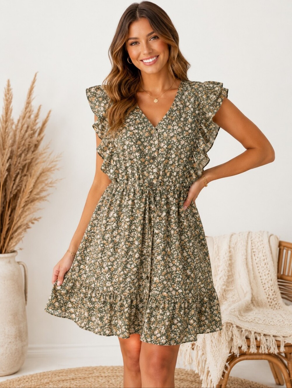 XL Sage Floral Ruffle Sleeve Babydoll Mini Dress Cottagecore Boho